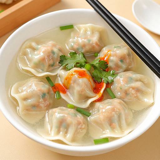 Photograph of a white bowl filled with translucent dumplings, garnished with green onions, parsley, and orange slices, with black chopsticks on the