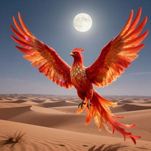 Digital artwork of a vibrant red phoenix with fiery orange and yellow feathers, soaring above a desert with dunes under a bright full moon.