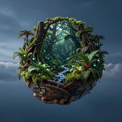 Digital artwork of a floating, circular forest with lush greenery, glowing lights, a small waterfall, and wooden framework, set against a blue, cloudy