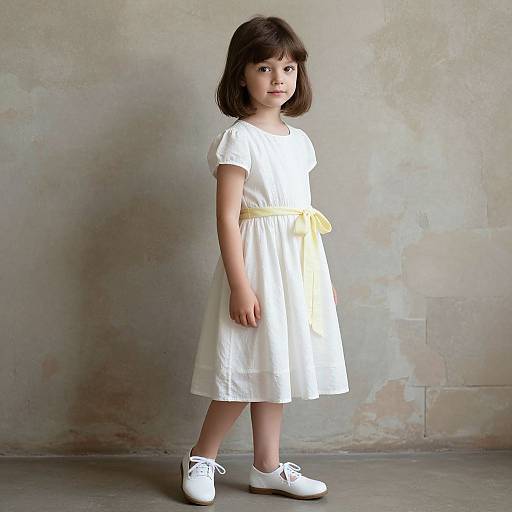 Young Girl in White Dress with Textured Wall