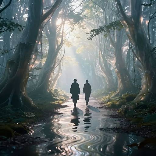 Digital artwork of two silhouetted figures walking through a misty, enchanted forest with towering trees and a reflective, sunlit path.