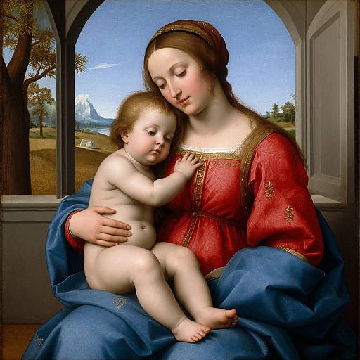 Renaissance painting of a fair-skinned Madonna in red and blue robe, gently holding a nude, sleeping baby Jesus against a window view.