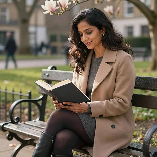 South Asian Woman Reading on Park Bench