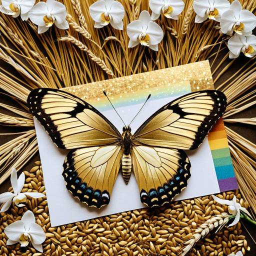 Golden Butterfly on Bronze Rainbow Paper with Wheat and Orchids