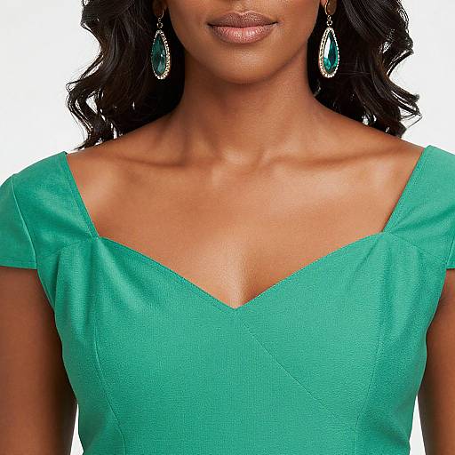Photograph of a dark-skinned woman with wavy black hair, wearing a vibrant green V-neck dress and teardrop green earrings, showcasing her