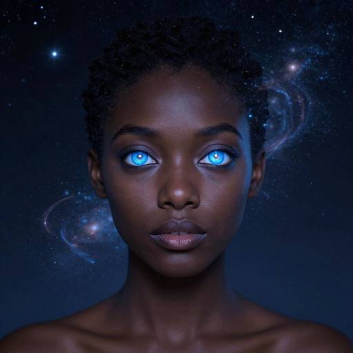 Photorealistic digital portrait of a dark-skinned woman with glowing blue eyes, starry background, and cosmic wisps, creating a celestial aura.