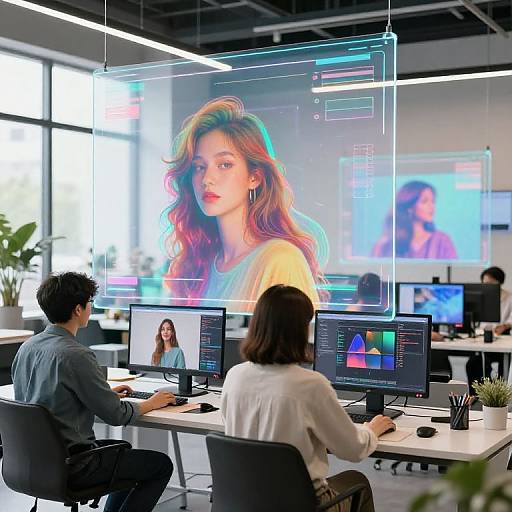 Photograph of a modern office with two designers working at desks, staring at computer screens displaying a colorful, projected image of a woman with wavy hair