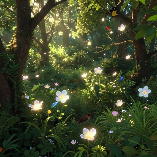 Photograph of a sunlit forest with glowing, colorful flowers amidst lush greenery and tall trees, creating a magical, ethereal atmosphere.