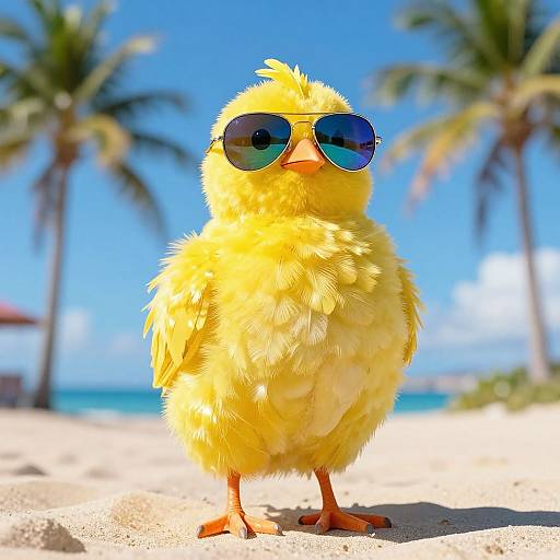 Photograph of a fluffy yellow chick wearing blue reflective sunglasses, standing on a sunlit sandy beach with palm trees and clear blue sky in the background.