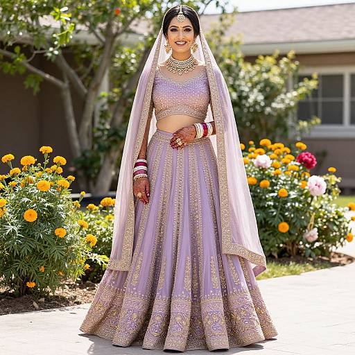 Photograph of a smiling South Asian bride in a lavender and gold traditional lehenga with a long veil, standing in a sunlit garden with yellow flowers