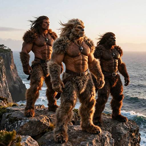 Photograph of three muscular, fur-clad, Viking-like warriors with long hair standing on rocky cliffs at sunset, overlooking a stormy ocean.