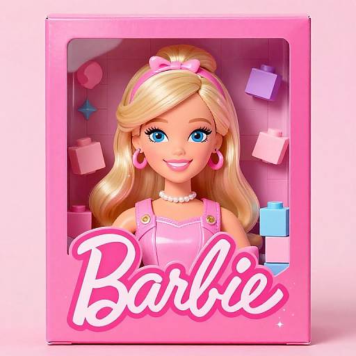 Photograph of a Barbie doll with blonde hair, blue eyes, pink dress, pearl necklace, and pink bow, set against a pink background with floating