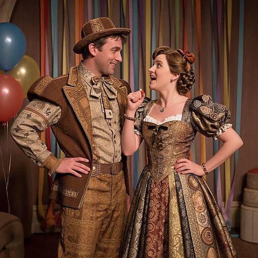 Photograph of a smiling couple in vintage, ornate brown and gold Victorian attire, standing in front of colorful vertical striped backdrop with balloons.