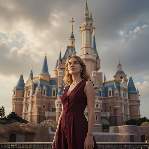 Photograph of a young woman with light brown hair in a deep burgundy dress standing in front of a grand, fairy-tale castle with blue t