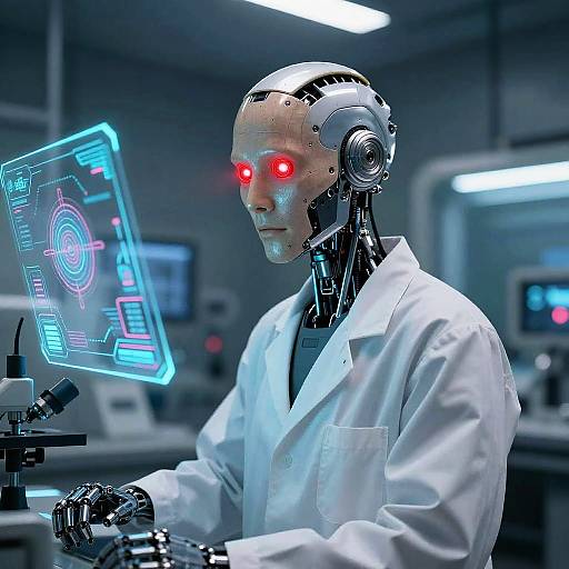 Photograph of a humanoid robot with red glowing eyes, wearing a white lab coat, using a microscope in a futuristic lab. Blue holographic screen displays
