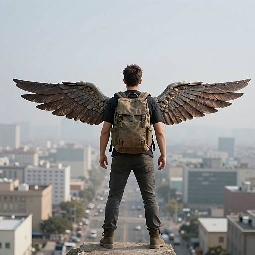 Photograph of a man with black wings, backpack, and black clothes, standing on a rooftop, facing a cityscape.