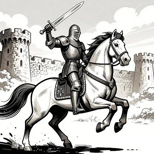 Black-and-white digital drawing of a knight in armor riding a galloping horse, wielding a sword, in front of a castle. Bold, dynamic