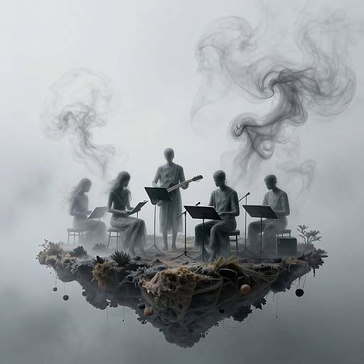 Digital artwork: Silhouetted musicians on a floating island, surrounded by smoke, playing instruments, with chairs and plants, set against a misty