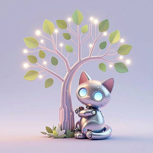 CGI image of a glowing, robotic cat with large blue eyes sitting under a luminous, leafy tree with fairy lights.