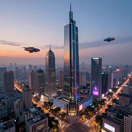 Photograph of a futuristic cityscape at dusk, featuring a tall, illuminated skyscraper, two flying saucers, and vibrant neon lights.