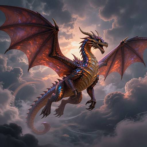 Digital artwork of a majestic, glowing blue and purple dragon with fiery red wings soaring through a dramatic, cloudy sky.