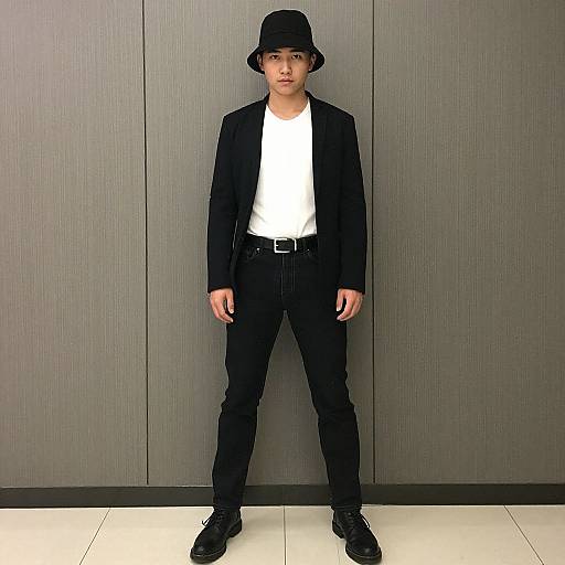 Photograph of a young Asian man standing against a gray paneled wall, wearing a black bucket hat, white t-shirt, black blazer, black