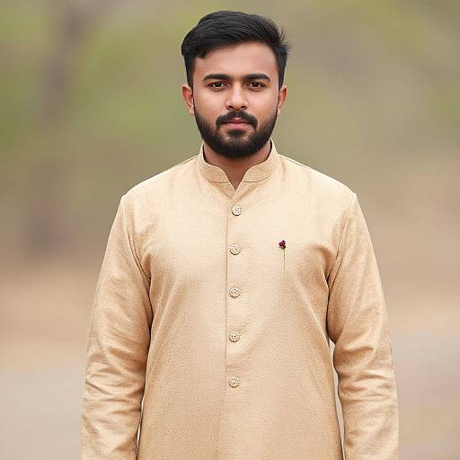 Photograph of a bearded South Asian man with dark hair, wearing a beige traditional long kurta, standing outdoors against a blurred green and brown background