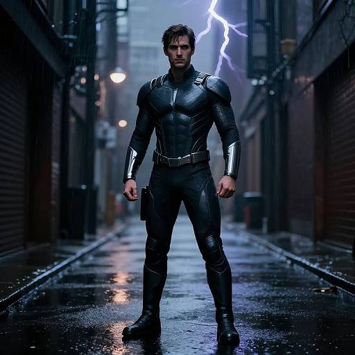 Heroic Superhero in Rainy Alley