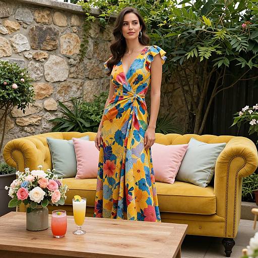 Photograph of a woman with long brown hair in a colorful floral dress, standing in a garden beside a yellow couch, with pink and blue pillows,