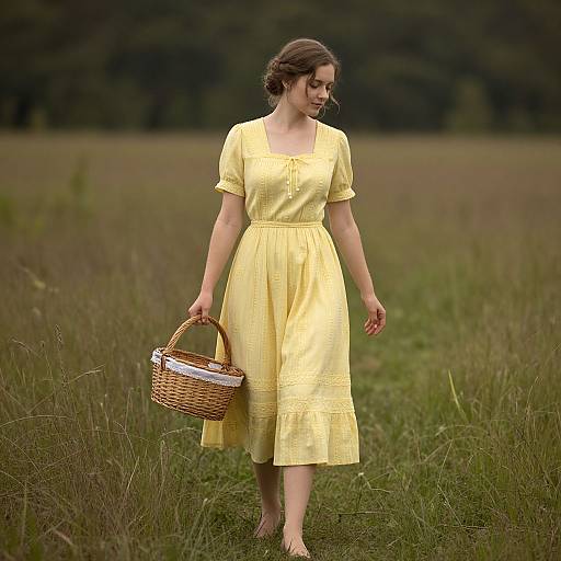 Photograph of a young woman in a yellow, short-sleeved, knee-length dress, holding a woven basket, walking through a grassy field