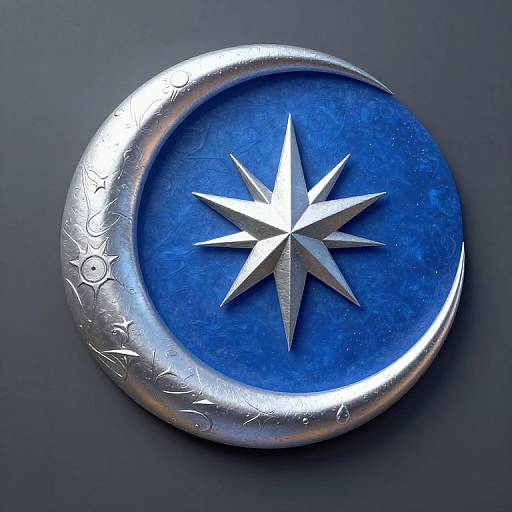 Photograph of a silver, crescent-shaped pendant with a blue, star-shaped center, featuring a textured, embossed pattern on the outer edge.
