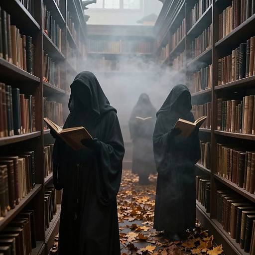 Photograph of three hooded, shadowy figures in black robes reading books in a foggy, autumnal library aisle with fallen leaves.