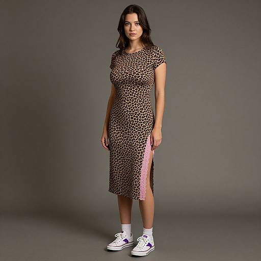 Photograph of a young woman with dark hair, wearing a leopard-print dress, white socks, and white sneakers, standing against a grey background.