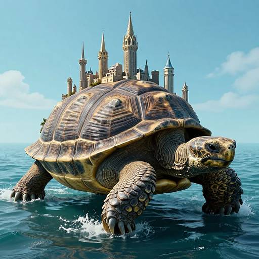 CGI image of a giant, detailed turtle with textured shell, swimming towards a castle with multiple towers on a clear blue sea.