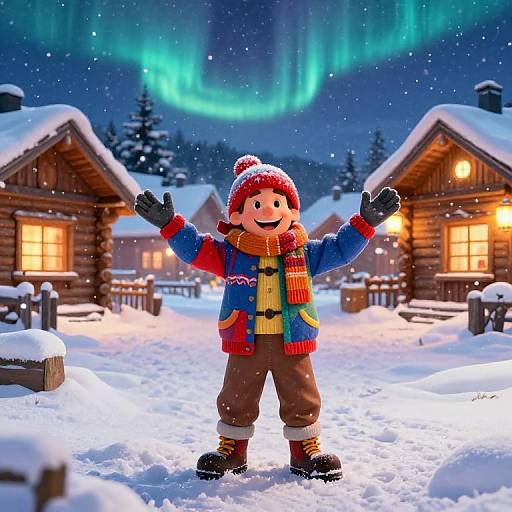 Photograph of a cheerful cartoon boy in colorful winter clothes, standing with arms raised in a snowy village with aurora borealis, wooden cabins, and