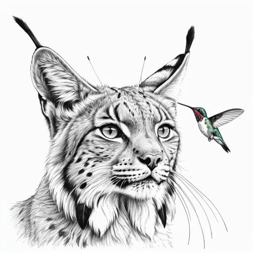 Whimsical Lynx and Hummingbird Pencil Sketch