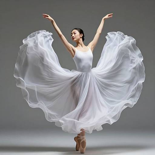 Photograph of an elegant Asian ballerina in a flowing white dress, arms raised, dancing on pointe, against a gray background.