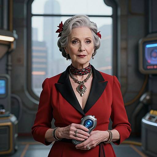 Photograph of an elegant elderly woman with silver hair, wearing a red jacket with black trim, holding a blue device, in a futuristic, dimly