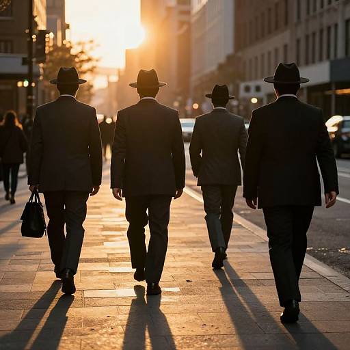 Photograph of four men in black suits and hats walking away on a sunlit urban street, casting long shadows, with city lights and buildings in the