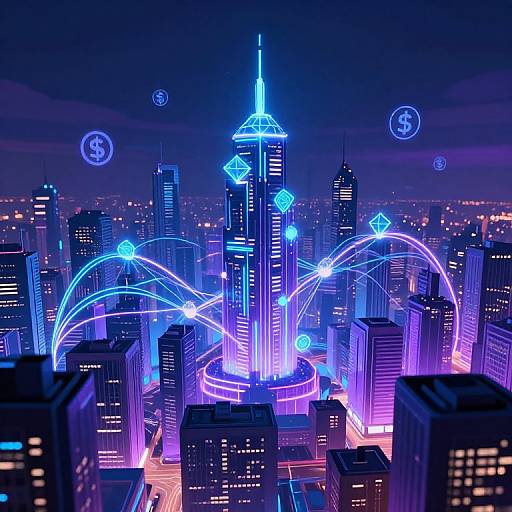Digital CGI of a neon-lit, futuristic cityscape with blue and purple skyscrapers, glowing circuits, and floating holograms against a night sky