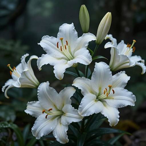 Photograph of vibrant white lilies with ruffled petals, yellow-tipped stamens, and dewdrops, set against a dark, blurred forest