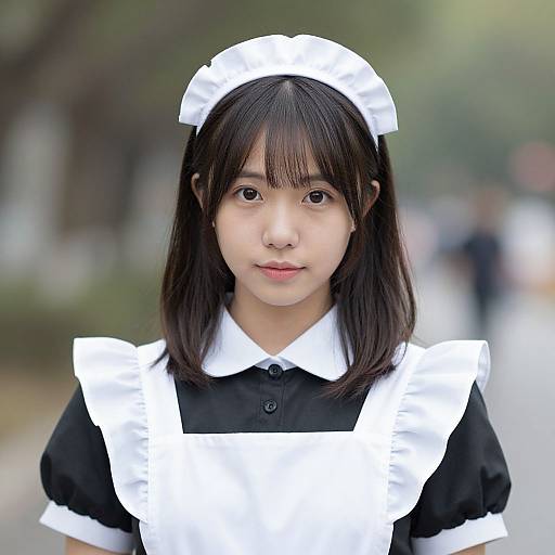 Photograph of an Asian woman with straight black hair, wearing a black maid outfit with white apron and headpiece, standing outdoors on a blurred street