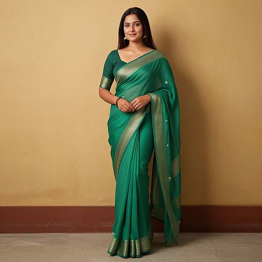 Photograph of a confident Indian woman with long black hair, wearing a green saree with gold borders, standing against a beige wall.