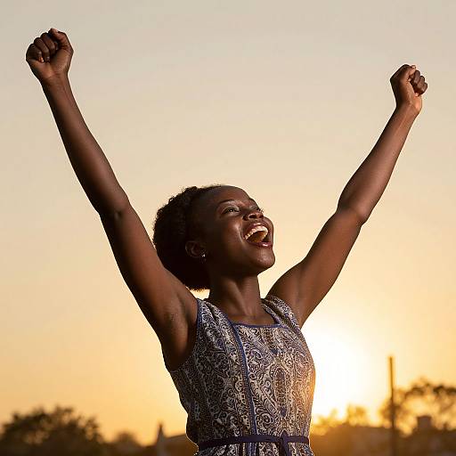Photograph of a smiling, dark-skinned woman with raised arms, wearing a patterned sleeveless top, against a sunset sky.
