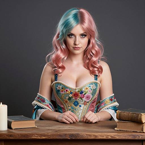 Photograph of a fair-skinned woman with pink and blue wavy hair, wearing an ornate, low-cut, colorful corset, sitting at