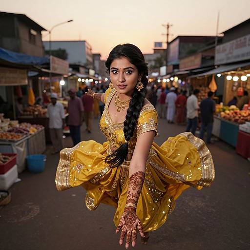 Photograph of an Indian woman in a yellow, gold-embellished traditional dress, with a long braid, hennaed hands, and