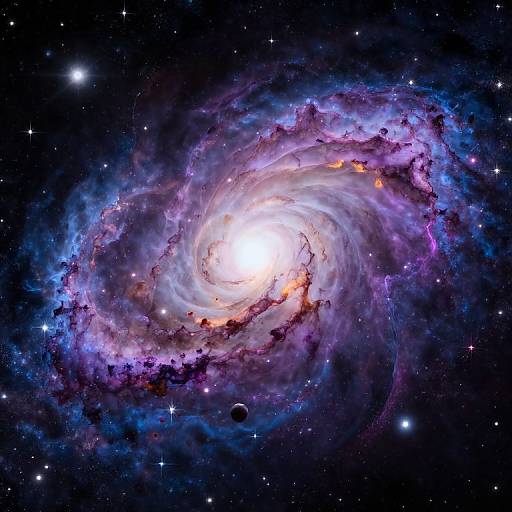 Photograph of a vibrant spiral galaxy with swirling purple, blue, and white nebulae, glowing core, surrounded by stars and a small dark planet