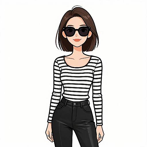 Digital drawing of a stylish woman with short brown hair, black sunglasses, white and black striped long-sleeve top, and black high-waisted