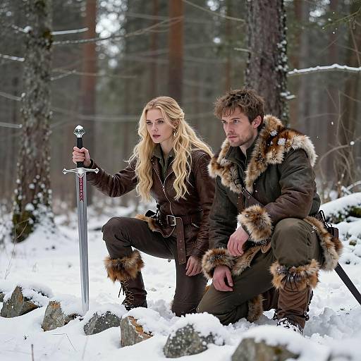 Adventurers in a Snowy Forest Scene