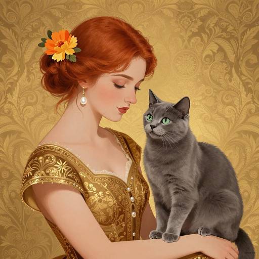 Elegant Woman with Cat and Flowers